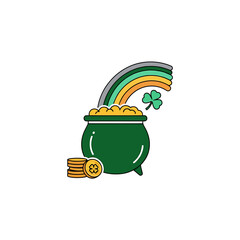 Fototapeta premium Lucky Pot of Gold Under Rainbow and Shamrock. Vector Icon. EPS Editable