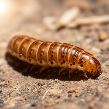 Macro photograph of a mealworm larva (Tenebrio molitor) with segmented body and dark spots, isolated on a transparent background, showing texture and detail.