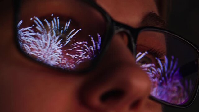 AI code on eyeglass glass, reflection on woman developer eyeglasses, working in dark office, tired busy people, depression on work, haker or it engineer with laptop, stocks markets. 