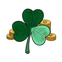 Fototapeta premium Shamrock and Gold Coins Symbolizing Luck and Wealth. Vector Icon. EPS Editable