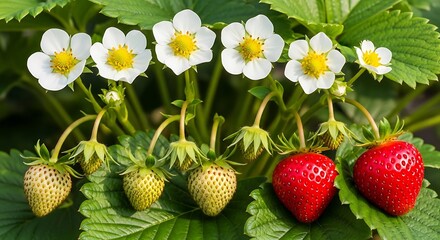 Strawberry Plant in Bloom - A Study in Growth and Ripening.