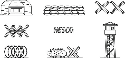 Set of military defense barriers and fortifications outline vector icons for security and war concepts isolated on white background © Muhammad