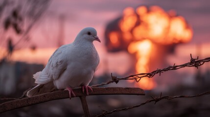 White Dove Perched on Barbed Wire Fence with Burning Buildings, Explosion and War Destruction in Background Peace and Conflict Concept