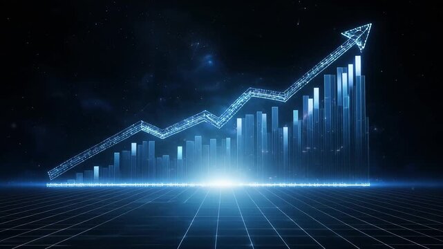 Futuristic blue 3d bar chart with rising line and arrow in digital grid, symbolizing business growth, analytics, finance and success on dark tech background.