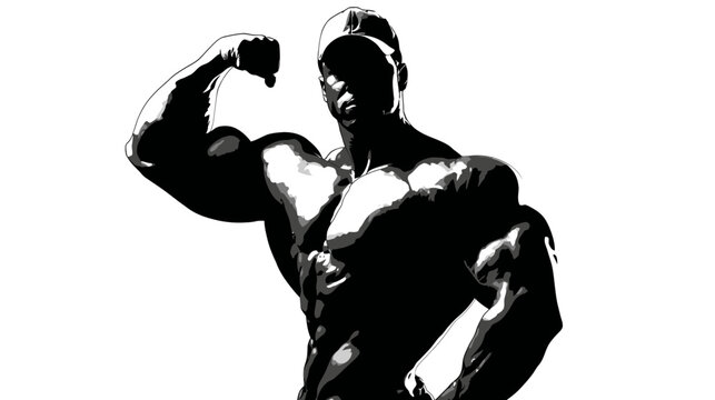Muscular male bodybuilder flexing bicep in a powerful high-contrast black and white graphic illustration showcasing strength and fitness