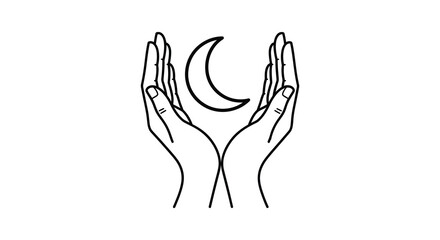 Fototapeta premium Two cupped hands gently cradle a crescent moon in a minimalist black line art silhouette high quality professional