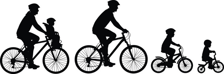 Fototapeta premium Family cycling silhouettes collection showing parents and children riding bicycles together black vector illustration isolated on white background for active lifestyle concept