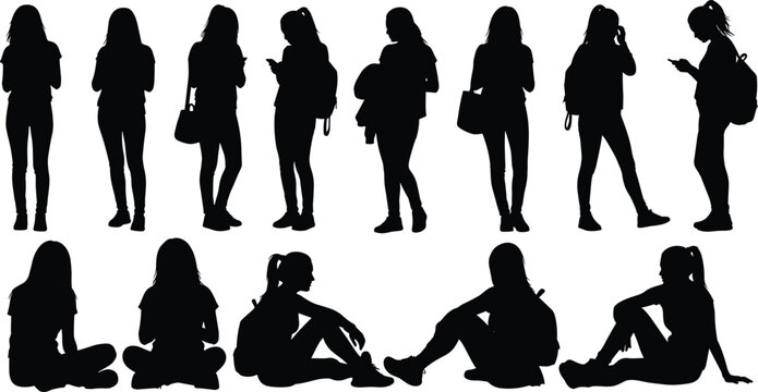 Teenage girls silhouettes collection in standing and sitting poses, young women with backpacks black vector illustration isolated on white background