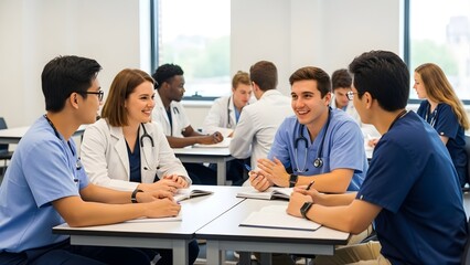 Fototapeta premium Medical students discussing healthcare concepts sitting at desks in classroom setting, Cinematic Photography.