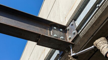 Naklejka premium Modern industrial steel beam connection with bolts and rust details under blue sky construction architecture exterior
