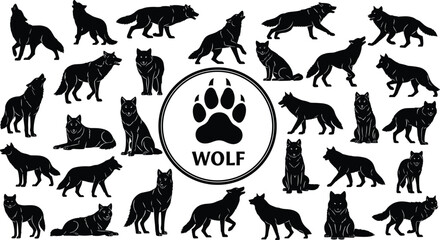 Obraz premium Wolf silhouettes collection with different poses, wild animal set and paw logo emblem isolated on white background, wildlife predator illustration for design
