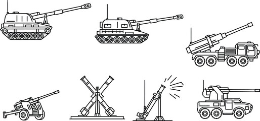 Set of military artillery and combat vehicles outline vector icons for war games and defense concepts isolated on white background © Muhammad