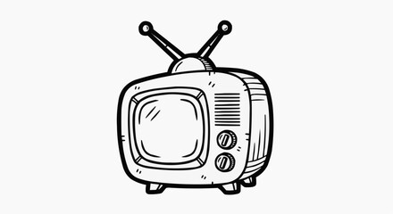 A black and white vector illustration of a vintage television set with antennae