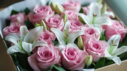 Fototapeta premium Pink roses and white lilies in box, close-up