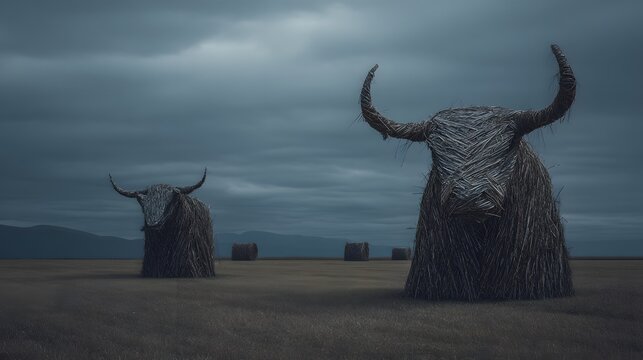 Hay Bales Shaped Like Yak on a Moody Field