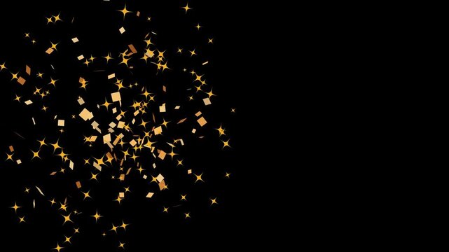 Super slow motion vibrant confetti flying and drifting down on a dark transparent black screen background, great detail festive overlay for concert visuals, holiday greetings, and party trailers