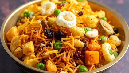 A close-up shot of a colorful mix of savory snacks, with various textures and ingredients in a golden bowl