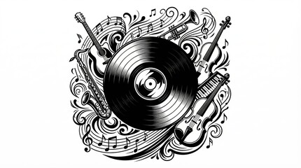vinyl record surrounded by swirling musical instruments, notes, and artistic flourishes sketch engraving generative ai fictional character vector illustration.