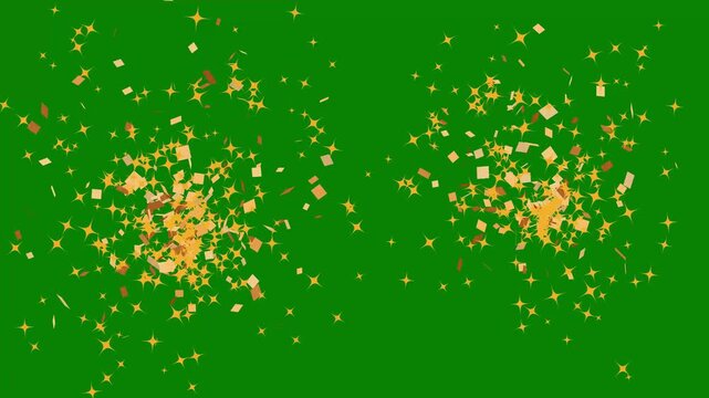 Golden paper confetti rain animation on green screen with smooth alpha matte channel, seamless loopable party background for birthday celebration and social media promo content in 4K