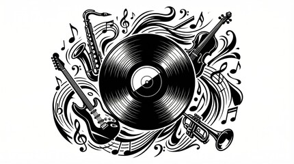 vinyl record surrounded by swirling musical instruments, notes, and artistic flourishes sketch engraving generative ai fictional character vector illustration.