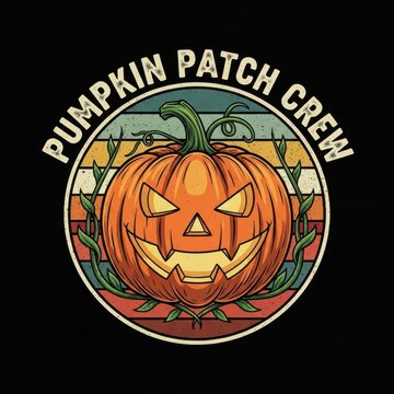 Creative flat vector pumpkin patch crew logo featuring carved jack-o-lantern with green vines and autumn leaves in vibrant orange and black color