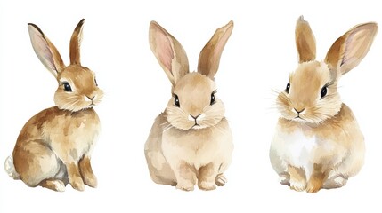 Fototapeta premium Collection of three cute rabbits in watercolour style on white background suitable for various design projects