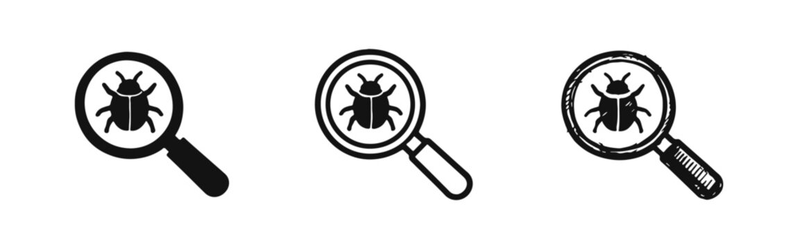 Bug Search and Investigation Icons Set - Solid, Outline, and Hand-Drawn Sketch Styles for Debugging