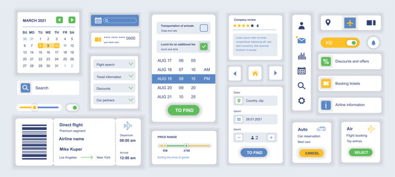 Booking mobile app template with user interface elements. Bundle of UI, UX, GUI kit with calendar, search, flight ticket, choose car, destination, online tracking, rating, more. Vector illustration.