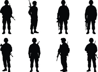 Group of eight soldier silhouettes in various positions, equipped with firearms, representing the armed forces.