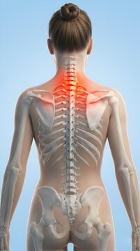 Vue post&eacute;rieure 3D d'une femme montrant une inflammation rouge aux cervicales et au rachis avec squelette apparent pour concept de douleur m&eacute;dicale et kin&eacute;sith&eacute;rapie