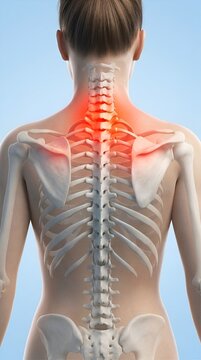 Vue post&eacute;rieure 3D d'une femme montrant une inflammation rouge aux cervicales et au rachis avec squelette apparent pour concept de douleur m&eacute;dicale et kin&eacute;sith&eacute;rapie