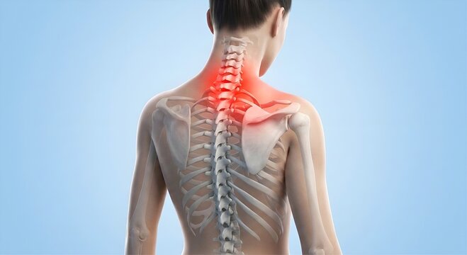 Vue post&eacute;rieure 3D d'une femme montrant une inflammation rouge aux cervicales et au rachis avec squelette apparent pour concept de douleur m&eacute;dicale et kin&eacute;sith&eacute;rapie