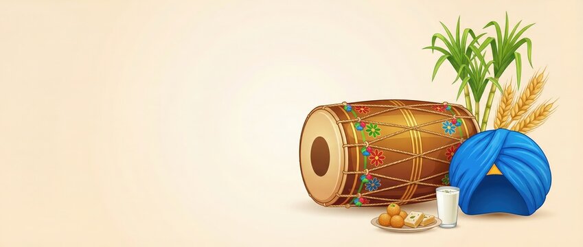 Vaisakhi illustration with traditional dhol drum and traditional elements.