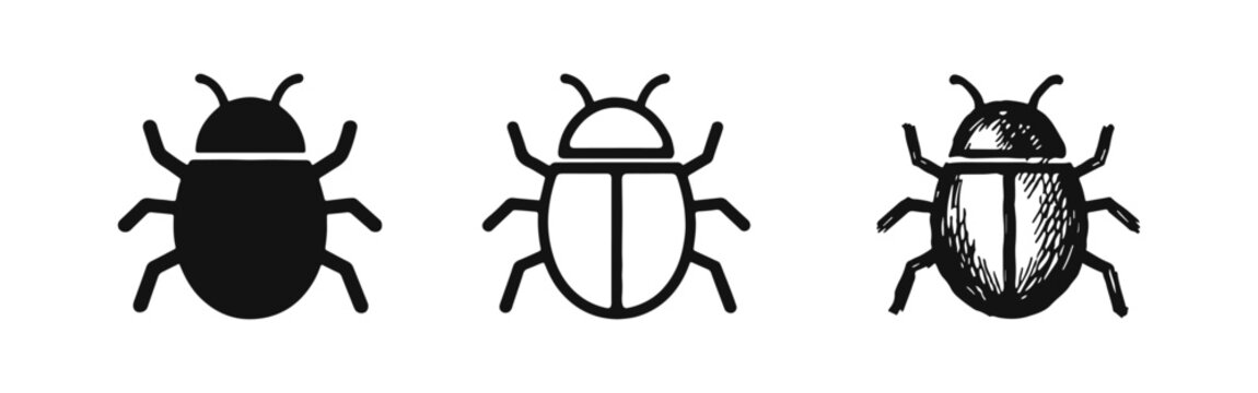 Beetle Bug Icon Set: Insect, Malware, and Computer Virus Symbols - Silhouette, Outline, and Hand-Drawn Styles.
