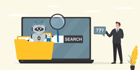 Male user stands at laptop screen and talks to smart AI assistant. Information is searched and data and files sorted using robot or chatbot. Smart robot © Alina