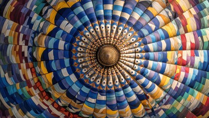 Fototapeta premium Colorful Hot Air Balloon: A mesmerizing aerial view showcases the intricate patterns and vibrant colors of a hot air balloon, creating a sense of wonder and adventure.