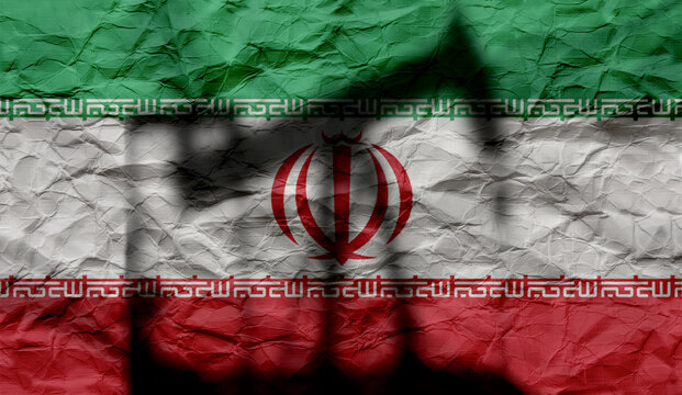 Textured Iranian flag with the silhouette of an oil pump on the front. Concept of economic and political hardship.