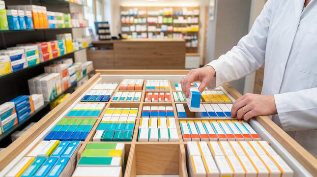 A pharmacist is organizing medicine boxes in a pharmacy drawer. The medicine packages are brightly colored and neatly arranged. The scene takes place in a well-organized pharmacy with wooden furniture