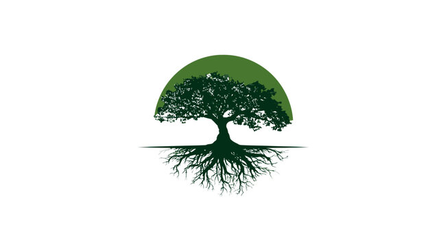 Symbolic green tree illustration with deep roots and lush foliage against a half-circle background, representing nature, growth, and ecology.