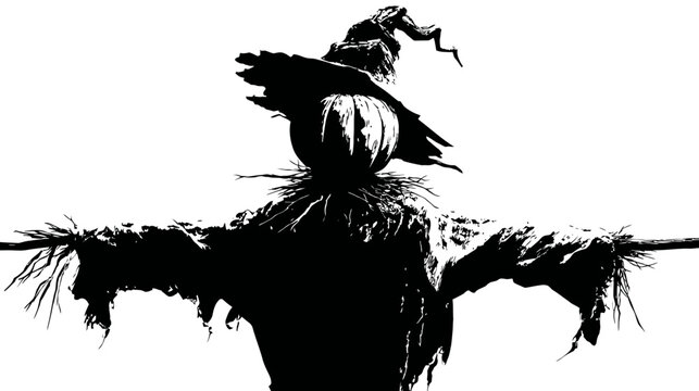 Spooky scarecrow silhouette with a pumpkin head, isolated on a clean white background for Halloween and autumn themes.