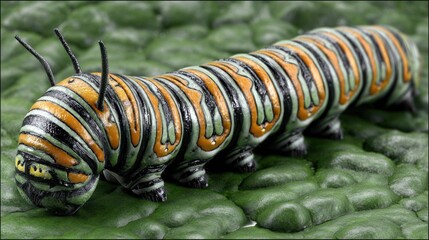 Naklejka premium Close up of a colorful caterpillar crawling on a green textured surface