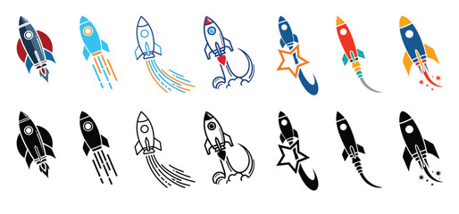Rocket Launch Icon Set Vector Collection, Startup Business Growth and Innovation Concept with Dynamic Space Ship Takeoff Symbols, Flat and Silhouette Design for Technology Branding, App UI and Web © Mirza