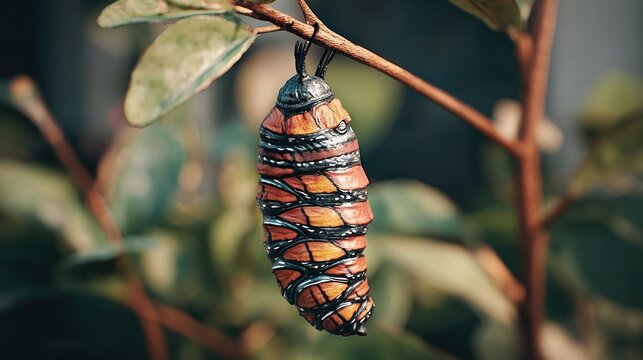 Monarch butterfly pupa hanging on branch close up macro shot natural habitat