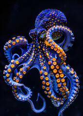Vibrant blue and orange octopus with intricate patterns underwater animal ocean sea creature close u