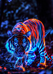 Neon lit tiger walking through dark forest with vibrant colors shining brightly on its fur in a myst