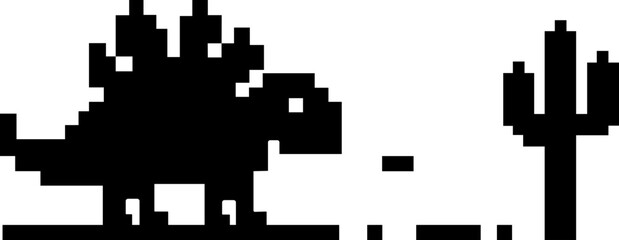 Dinosaur pixel icon retro game style vector silhouettes and outline illustrations, prehistoric animals, desert cactus scene, isolated design element. © WaQar