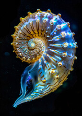 Vibrant iridescent nautilus shell spiral structure details highlighted animal shell close up colorfu