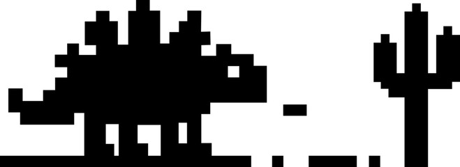 Dinosaur pixel icon retro game style vector silhouettes and outline illustrations, prehistoric animals, desert cactus scene, isolated design element. © WaQar