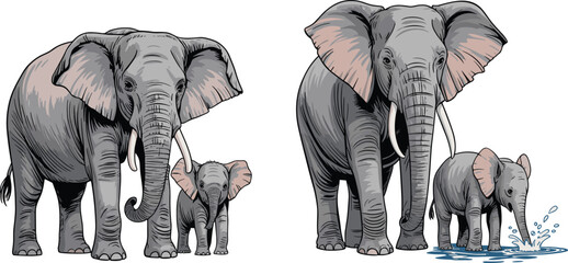 African elephant mother and baby calf vector illustration with wildlife animal family characters © Its me...