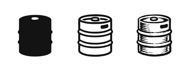 Beer keg icon set. Beverage barrel symbols for beer storage and serving in various artistic styles for breweries.